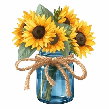 on white background high detailed clipart featuring sunflowers tied with jute ribbon in a jar, coffee mug in watercolor style, hyper realistic illustration flat color