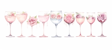 Isolated on a white background, in a feminine style that is populair on Etsy, ten juxtaposed, Wine and cocktail glasses lined up on the floor decorated with baby pink roses, for wedding, high resolution, highly detailed, watercolor clipart illustration, soft pastel color theme, baby pink, 8k UHD isolated image on white background, hyper - realistic high definition