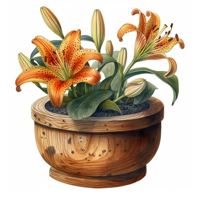 Realistic Tiger Lily flowers in a small wooden pot, watercolor clipart, isolated white background, high resolution, very detailed, 32k