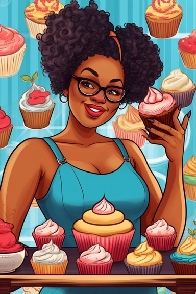 gorgeous joyful black woman, clipart, cartoon illustration, christa mckenzie pose and head pose photos a new cupcake business website, in the style of vibrant bakery backdrops, synthetism-inspired, pop cultural, 32k uhd, smilecore, embroidery art, bold curves