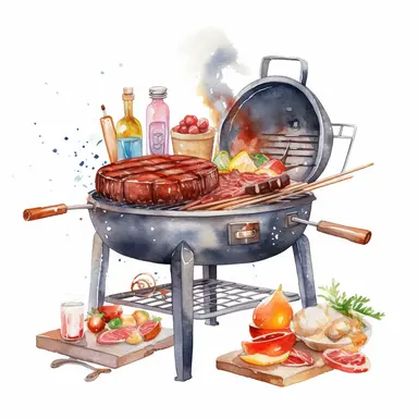 Watercolor BBQ Clipart - Barbeque grill kebab clipart , Watercolor Clipart , original hand drawing, style of the artwork, mood of the artwork, white background, 8K quality, ultra detailed , clipart, white background, High Quality, ultra detailed