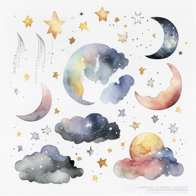 clouds, moon,stars, watercolor,all white background, clipart
