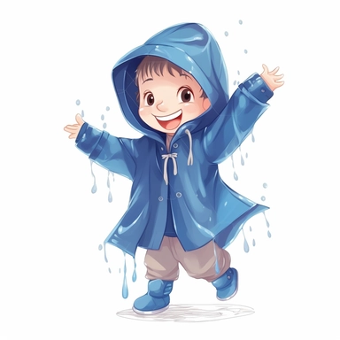 cute boy about 5 years old dressed in rain wet weather gear. Cartoon clipart style. Color, full body. He looks very happy jumping in a pubble of blue water.