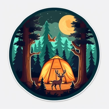 Sticker logo, featuring trees, lush foliage, and woodland creatures like deer or squirrels, capturing the essence of camping in nature, on transparent background free clipart, in the style of digital painting and drawing, 2d game art, scoutcore, anime-influenced, cabincore, high resolution, light sky-blue and dark maroon