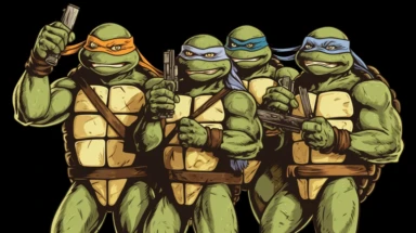 retro teenage mutant ninja turtles taking phone selfies with pizza clipart, cartoon, color, dark outlines full body shot