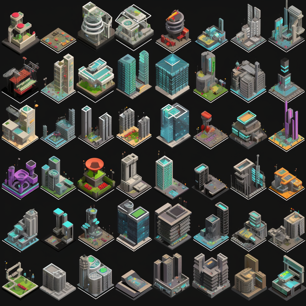 spritesheet of futuristic city buildings, isometric perspective, game ...