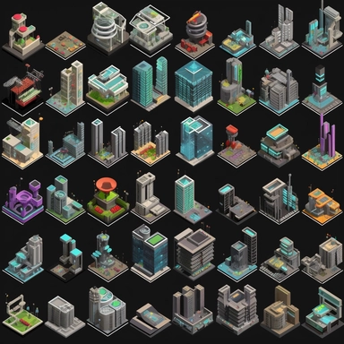 spritesheet of futuristic city buildings, isometric perspective, game sprite, sci-fi, fun, creative, cartoon, clipart, hyper-detailed, black background,
