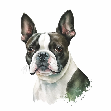 a watercolor painting of a Boston Terrier, clipart, white background