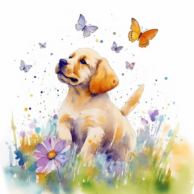 watercolor clipart with white background, puppy playing in meadow chasing butterflies, cute and adorable, clearly defined separate image, high quality--ar3:4-no mockups, watermarks, numbers, writing, letters--q2--v5.1--s1000