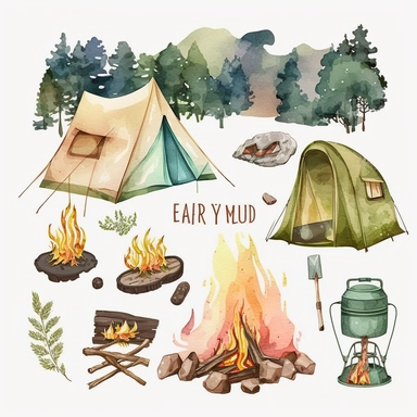 Camping clipart, camp clip art, watercolor camp fire, woods, tent, hiking