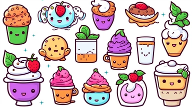 Clipart cartoon ( assorted desserts) outline ,, kawaii style ,on white background