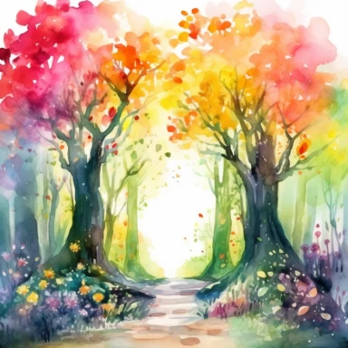 a mesmerizing magical forest watercolor clipart, a realm brimming with natural beauty and enchantment. Towering trees, adorned with colorful blossoms and shimmering leaves, create a whimsical canopy overhead. Sunbeams filter through the foliage, illuminating a carpet of vibrant flowers and soft moss, white background, 4k, details