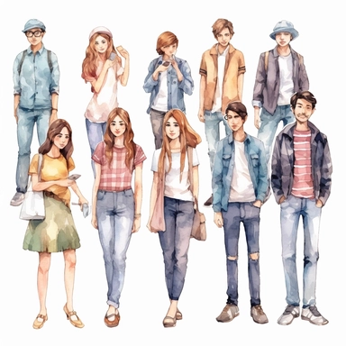 watercolor, People Group Different Job Set, png Full body realistic cartoon in 32K UHD cute. 15 cm thick outline. Black color. There was no shadow on the ground. 8k with realistic watercolors and detailed illustrations. PNG clipart, transparent white background