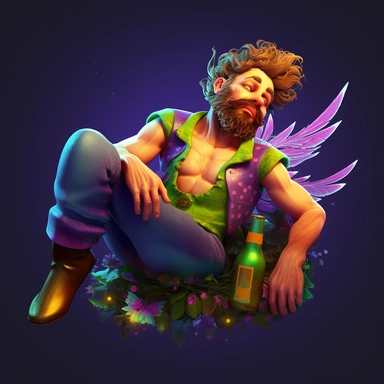 male drunk tinker bell with beard , laying an the back, highly detailed, colorful, clipart,