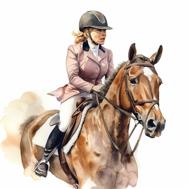 close up view of a realistic watercolor drawing of an equestrian on a charming horse stable, on a white background where the background will be removed to repurpose as a clipart.