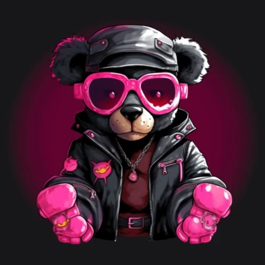 a clipart of aA gangsta teddy bear with a leather jacket and brass knuckles, in the style of neon realism, dark pink and black, wes benscoter, dark gray and pink, radical, graphical, cute and colorful