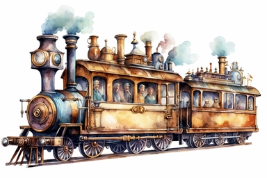 watercolour steampunk vintage train carriage clipart, hd, isolated on white background, spaced out