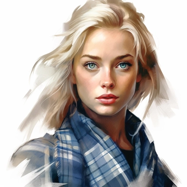 beautiful stunning pretty Scottish young woman , with blonde hair and blue eyes, vintage , paint art style, clipart, white background, superrealistic, one of a kind