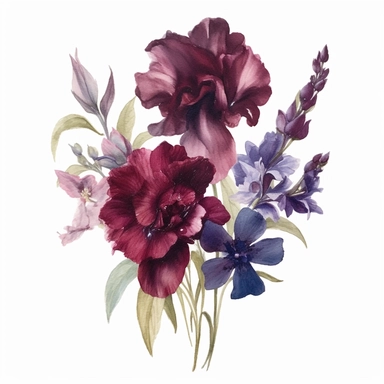 Design a dreamy watercolor clipart of a Bouquet of deep purple, burgundy, and blue flowers arranged in a moody and dramatic display composition, hand-painted with soft and graceful brushstrokes. Draw inspiration from the artistic finesse of Ethereal Petals Watercolors for a refined and ethereal depiction. isolated on a white background, hand-drawn illustration, hand-painted watercolor texture, 16k UHD resolution, intricately detailed, sharp focal points, designed by Ana Victoria Calderon and Hol