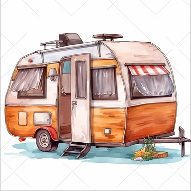 watercolor, different camping caravan transportation Travel car with a tent for outdoor summer active leisure isolated. RV camper, motorhome, van, camp trailer, automobile png Full body realistic cartoon in 32K UHD cute. 15 cm thick outline. Black color. There was no shadow on the ground. 8k with realistic watercolors and detailed illustrations. PNG clipart, transparent white background