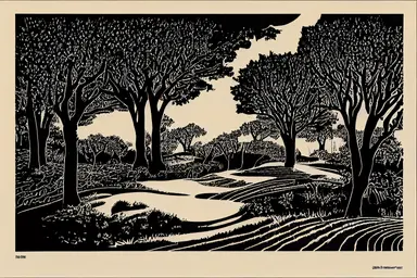 golf course silhouette, linocut, clipart