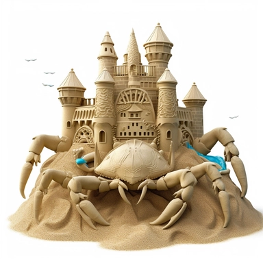 Clipart,An intricate sandcastle built by a crabs, hyperrealistic, hyper high definition