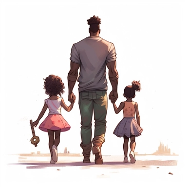view of back, father holding daughter and boy hand walking away, african hair, Watercolor Clipart, strybk, full Illustration, chibi kawaii, 8k, sharp focus, watercolor, smooth soft skin, symmetrical, soft lighting, detailed face, concept art, muted colors, children's style fairy tales, Octane rendering, 3D, Craig Davison, Aubrey Beardsley, Conrad Roset, Aikut Aidogdu, Agnes Cecil