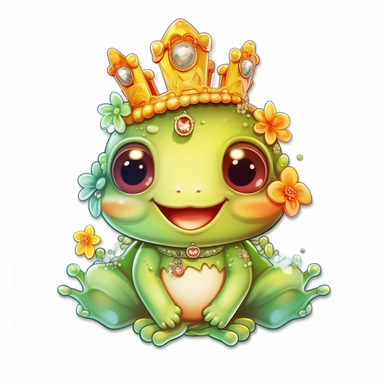 kawaii frog, happy and smiling, sticker, bold line, clipart, white background, many details, flowers, crown, gems, doll, white background, 8k detail