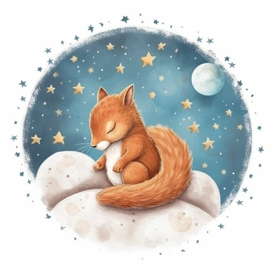 Cute squirrel illustration, realistic adorable squirrel sleeping on a soft moon surrounded by stars, sleepy happy clipart, nursery style clipart, Nursery Animals Art, Kids Wall Art, Kids Room Decor, Baby Room Decor, isolated on white, ultra - detailed, high quality, ghibli style, award winning