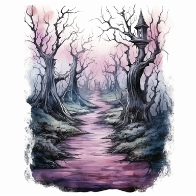 isolated illustration of a fantasy haunted path, eerie vibe, whimsical colors, watercolor illustration, high resolution clipart, isolated on white background