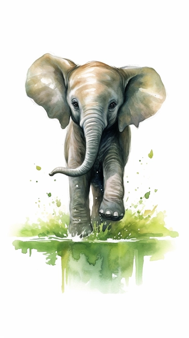 worlds cutest, adorable, realistic, life like image of a baby elephant with his trunk raised in the air and standing in a green grassy field and pond, watercolor clip art, white background ,artist rendition, sharp focus, extreme detail,