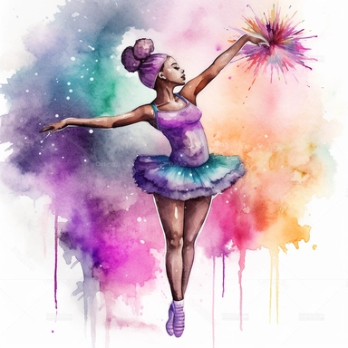 2d watercolor clipart kawaii, character of a beautiful adult african american ballerina with a long braid doing a grand pirouette, beautiful lights, colorful, and sparkling, magical, full body image, asymmetric, intricately rendered, generously detailed, intricately detailed,