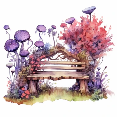 boho, hippy, highly detailed watercolor clipart, garden bench, red and purple wild flowers, fantasy, highly detailed, fantasy cartoon illustration whimsical, UHD, 8K, 3D, solid white background