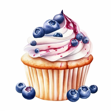 light Watercolor Yummy blueberry cup cake clipart, hd, single object, white background, no text watermark