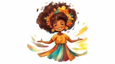 A joyful clipart portraying an African American girl with a charmingly textured hairstyle, adorned in fashionable and whimsical garments, set against a high-resolution and transparent background, brought to life with the vibrant colors and free-flowing brushstrokes of a watercolor art style,