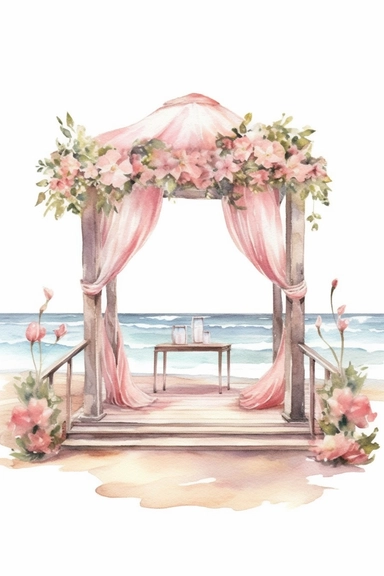 Isolated on a white background, in a feminine style that is populair on Etsy, wedding vow ceremony area decorated for wedding on the beach, high resolution, highly detailed, watercolor clipart illustration, soft pastel color theme, baby pink