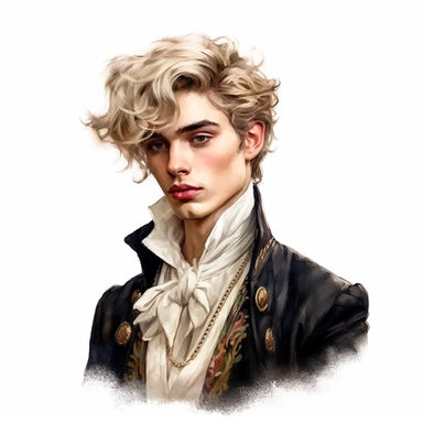 beautiful stunning handsome boy in vintage baroque fashion , paint art style, clipart, white background, superrealistic, one of a kind