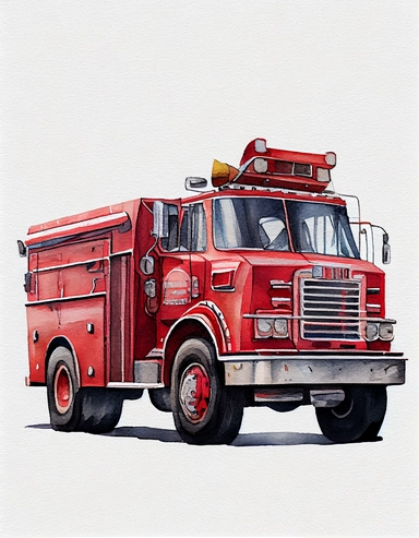 detailed watercolor firetruck shot from the side, long shot, isolated on a white background, realistic, clipart