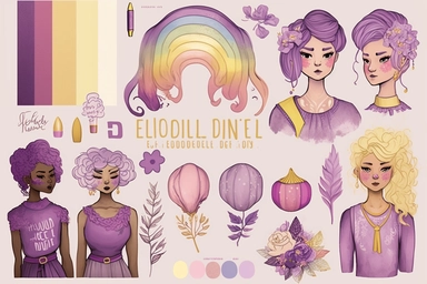lgbt pride clipart, lgbt women, rainbows, in the style of light violet and light amber, hand-painted details, primitivist elements, bold gestures, light yellow and light pink, culturally diverse elements, use of precious materials