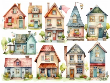 watercolor hand drawn houses, clip art,planner elements, stickers a colorful clipping file featuring rhinestones, and accessories, in the style of hand-drawn, hallyu, pastel-hued, logo, sea and coast painter, maranao art,