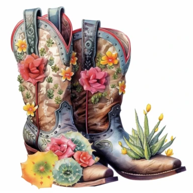 old Western cowboy boots, surrounded by colorful cactus flowers, watercolor, clipart, white background