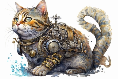 watercolor clipart, A beautiful cat with a steampunk-style mechanical fish in its paws, hd, on white background,
