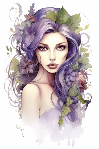 Clipart Young woman. In the style of fabulous qualities, lavender and sage, surrealism, delicate, whimsical composition, watercolor pencil and ink,