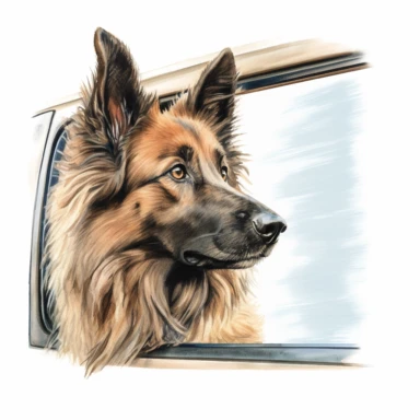 close up high detailed, Hand drawn watercolor clipart of Belgian Tervuren looking outside a moving car window, on a pure white background for background removal, no shadow, no paint splash