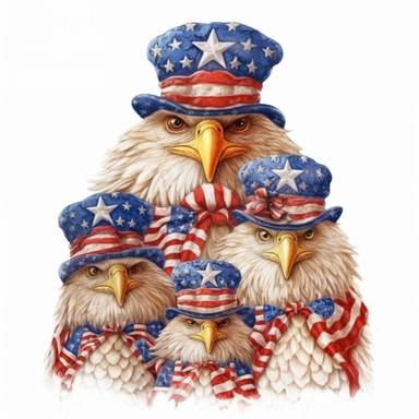 digital clipart, solid white background, a realistic family of golden patriotic eagle wearing 4th July apparel