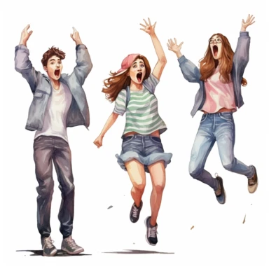 watercolor, Set of amazed, surprised young people. Young men and women with open mouths and excited reactions. Happy, glad teenagers. png Full body realistic cartoon in 32K UHD cute. 15 cm thick outline. Black color. There was no shadow on the ground. 8k with realistic watercolors and detailed illustrations. PNG clipart, transparent white background
