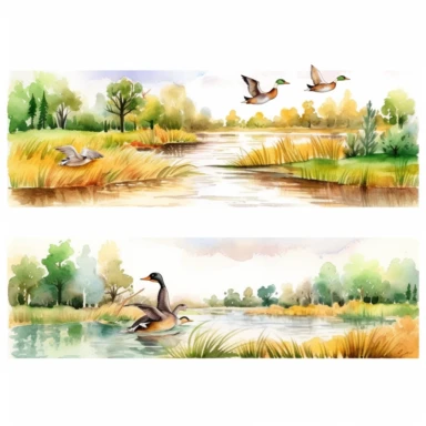 watercolor hunting scene in forest or fields with lake in vicinity where duck flocks take off in numbers , illustrations clipart set, simple, , cartoon elements ,different variants , natural elements, separate elements with a margin, ,4k, high resolution, , natural colors, vibrant green tones, birds and ducks