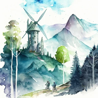 watercolor clipart by studio ghibli of an ornate city in a mountain forest with wind turbines and bicyclists