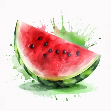 Watermelon Clipart, An enticing watercolor rendering of a juicy, ripe watermelon slice, neatly placed on a crystal white background, The scene offers a refreshing, summery sensation, Digital Watercolor Art, Emulating watercolor effects using digital brushes with diverse opacities and transparencies,