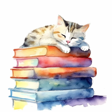 watercolor clipart with a cute cat sleeping on a stack of books,clear edges,warm pastel colors,positive energy,clear white background